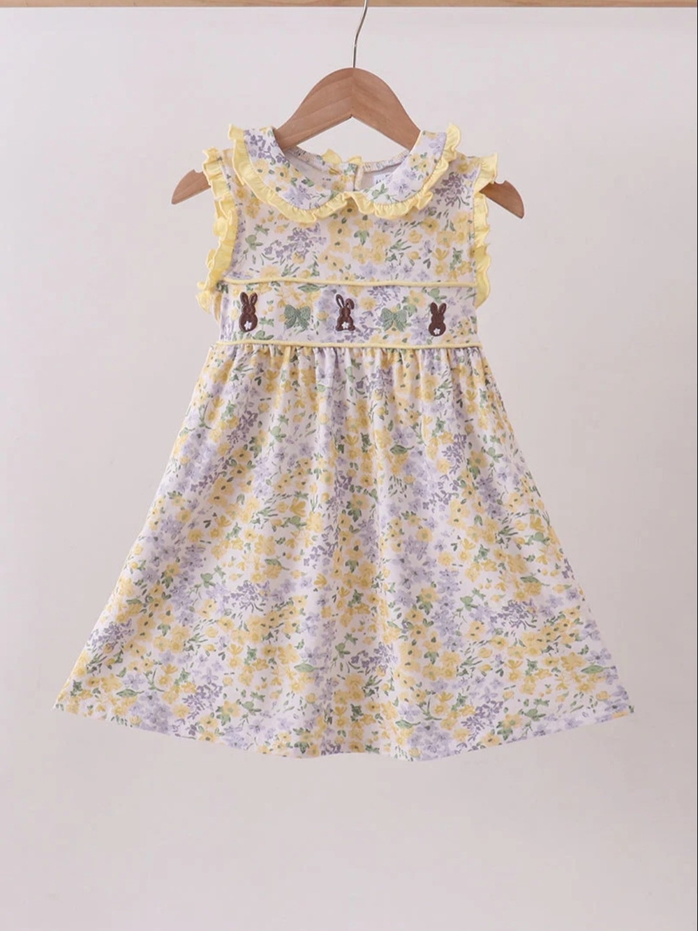 NWT- ABBY & EVIE EMBROIDERED BUNNIES Yellow Floral Ruffle Collar Kids Dress